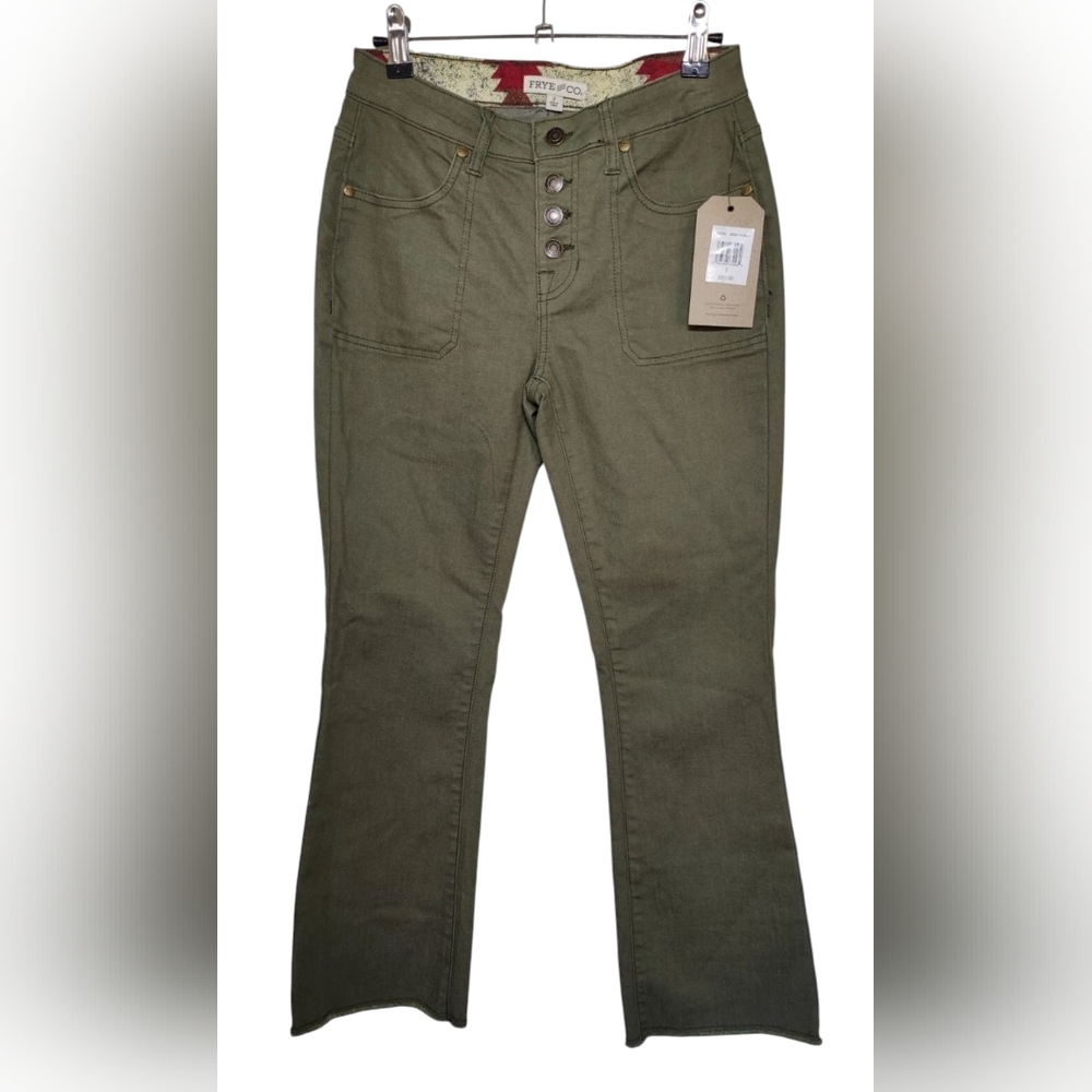 Frye And Co Button‎ Fly Ivy Green Boot Cut Frayed Hem Jeans 2 NWT 26x27